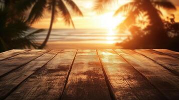 Sunset view over the ocean from a wooden table surrounded by palm trees photo