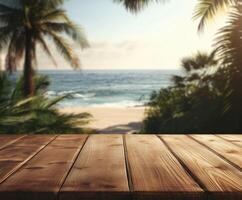 Relaxing beach view with wooden table and palm trees in background photo