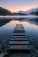 Tranquil morning at the lakeside dock with mist rising in the early light photo