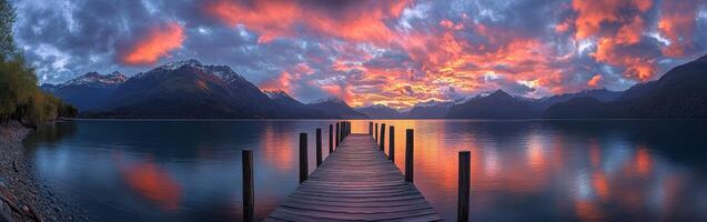 Majestic sunset over tranquil lake with wooden pier and mountains photo