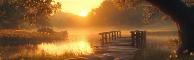 Tranquil sunrise over a serene lake with a wooden bridge photo