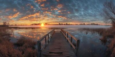 Serene sunrise over misty lake from a wooden dock at dawn photo