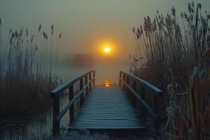 Misty sunrise over a tranquil pond with a wooden bridge in winter photo