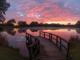 Serene sunset over tranquil lake with wooden bridge and colorful sky photo