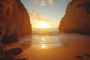 Stunning sunset viewed between coastal cliffs on a serene beach photo
