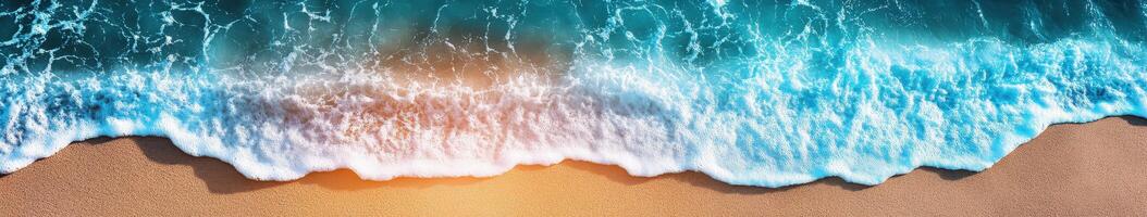 Waves gently lap at a sandy beach during sunset in a coastal paradise photo