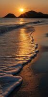 Sunset reflection on tranquil beach waves near tranquil hills photo