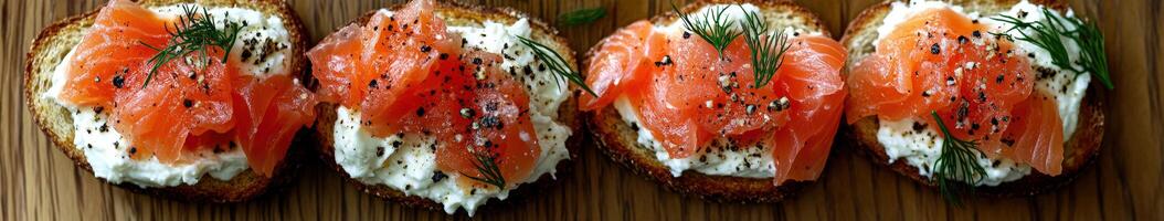 Delicious smoked salmon canapes served on toasted bread photo