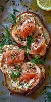 Delicious open-faced smoked salmon toast garnished with dill and lemon photo
