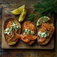Delicious toast topped with smoked salmon and herbs on a rustic board photo