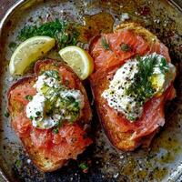 Delicious toasted bread topped with smoked salmon and cream cheese photo