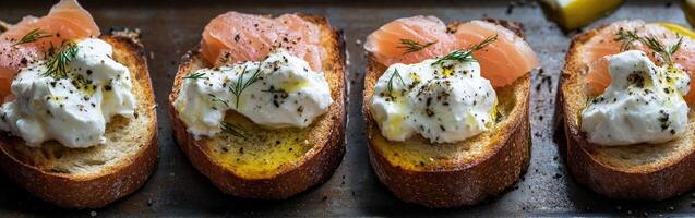 Savory crostini topped with smoked salmon and creamy cheese for brunch photo