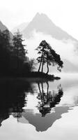 Serene black and white landscape with reflections in still water photo
