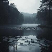 Misty lake surrounded by trees at dawn with lily pads floating photo