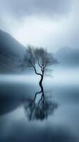 solitario árbol soportes en tranquilo agua debajo un brumoso cielo a amanecer foto