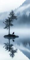 Majestic tree silhouette by calm lake in misty morning light photo