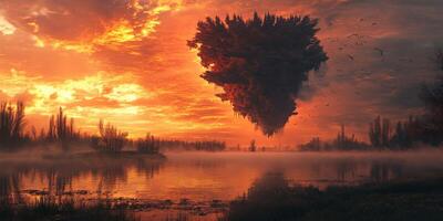 Dramatic sunset with floating island above tranquil lake and silhouetted trees photo