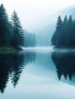 Misty lake surrounded by tall evergreen trees in early morning tranquility photo