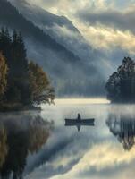 Calm morning on a misty lake with a solitary boat in the distance photo