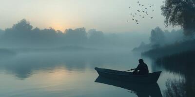 Captivating morning mist on a tranquil river with a lone rower at sunrise photo