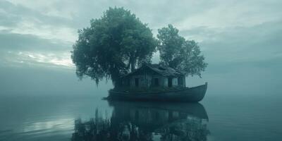 Mysterious abandoned house on a boat surrounded by foggy water photo