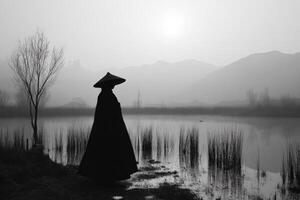 Silhouette of a figure by the calm water at dawn in a misty landscape photo