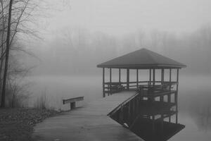 Foggy lake dock and pavilion create serene atmosphere in early morning photo