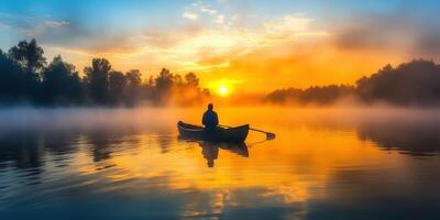 Sunrise over river with lone rower in tranquil morning mist photo