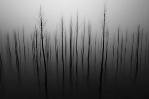 Mysterious silhouettes of barren trees reflecting in calm water at dawn photo