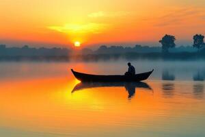Silhouetted figure in a boat during a serene sunrise on a calm lake photo