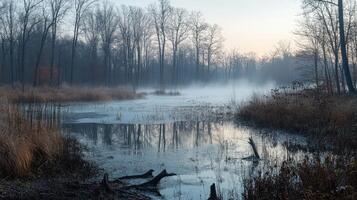 Misty morning over a calm lake surrounded by bare trees photo