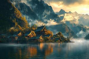 Serene village near mountains at dusk with fog and reflections on water photo