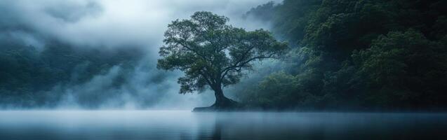 Serenity of a solitary tree by a misty lake at dawn photo