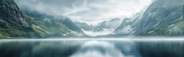 Majestic mountain landscape with calm waters reflecting the sky photo