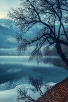 Serene lakeside view with tree reflections in early morning fog photo