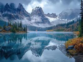 Mountain landscape with serene lake and reflections at dawn in Canada photo