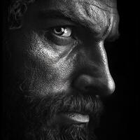 Dramatic close-up of a man with a rugged appearance and intense gaze photo