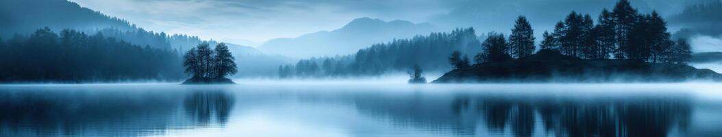 Mist envelops a tranquil lake surrounded by mountains during dawn photo