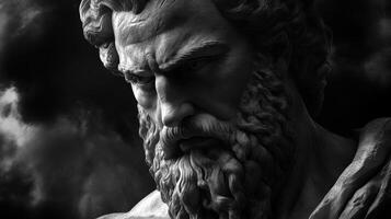 Depiction of a classical marble statue with intense facial expression and detail photo