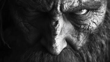 Close-up of a rugged, intense face with deep textures and piercing gaze photo