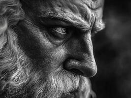 Elderly man with striking features deep in thought outdoors, bw photo