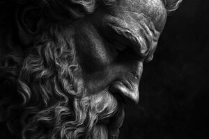 antiguo estatua de un sabio figura con un largo barba en dramático Encendiendo foto