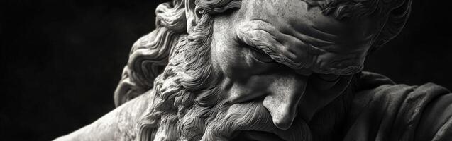 de cerca de un resistido escultura retratar un pensativo antiguo filósofo foto