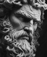 Detailed sculpture of a bearded man with intense expression in black background photo