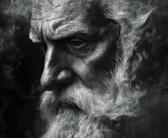 Majestic elderly man with a long beard and deep expression in monochrome photo