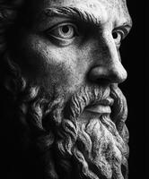 Detailed close-up of a classical stone sculpture face against a dark background photo