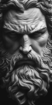 Detailed close-up of an imposing sculpture depicting a mythological figure photo