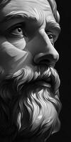 Detailed portrait of a man with a beard gazing thoughtfully in black and white photo