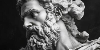 Marble sculpture of a bearded figure with flowing hair in a dramatic pose photo