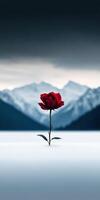 Red rose stands alone in a snowy landscape with mountains in the background photo